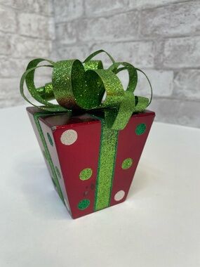 Vintage Pier 1 Glitter Polka Dot Present Bow Metal Rare HTF Red Christmas